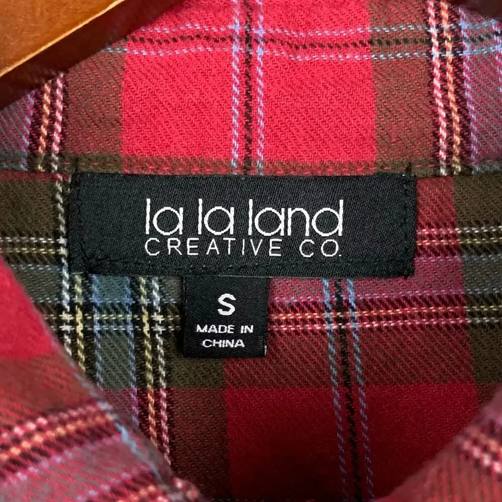 La La Land Creative Co Flannel Shirt Red Plaid Bleached Back Graphic Women's S - Picture 4 of 7